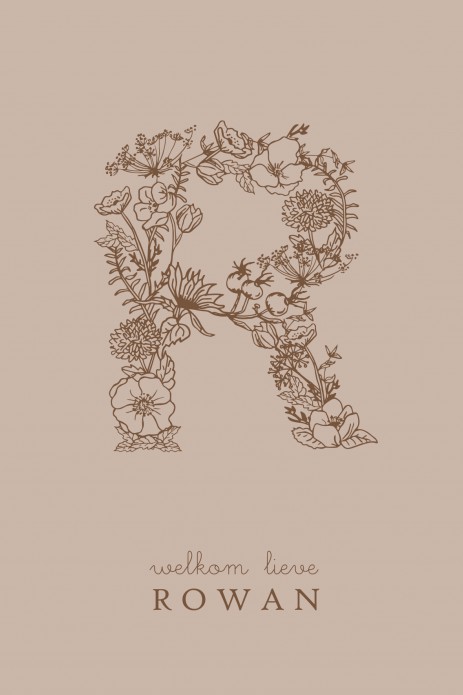 Geboortekaartje met monogram in handgetekende bloemen