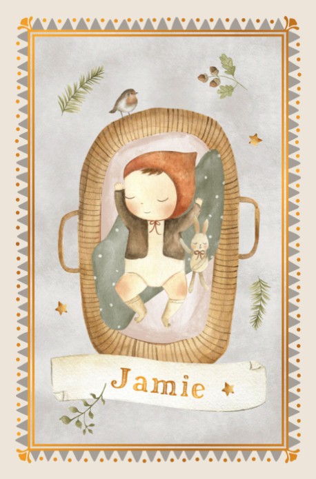 Geboortekaartje met baby in mozeswiegje. Het kindje houdt een knuffel vast en ligt op een dekentje. Het mozeswiegje met baby is een lief geboortekaartje in prachtige serene kleuren. Illustratief en hip geboortekaartje. Vraag eens de proefdruk aan.