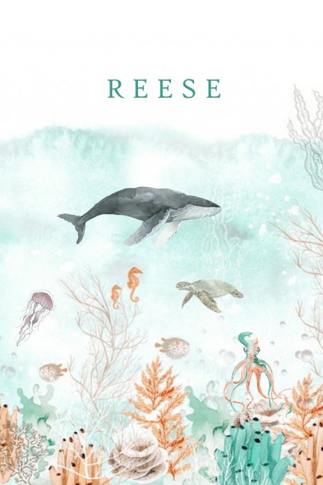 Geboortekaartje onderwater wereld met walvissen en octopus.