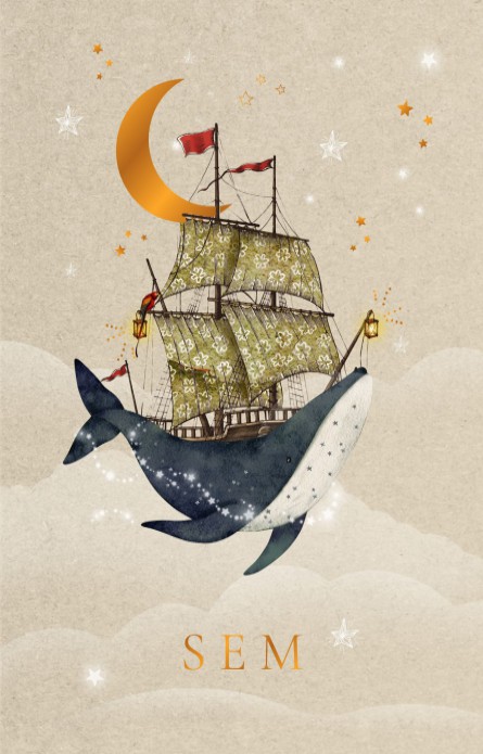 Geboortekaartje met walvis tussen de wolken. Een dromerig geboortekaartje met walvis als zeilschip dat in de lucht vaart tussen de sterren en maan.