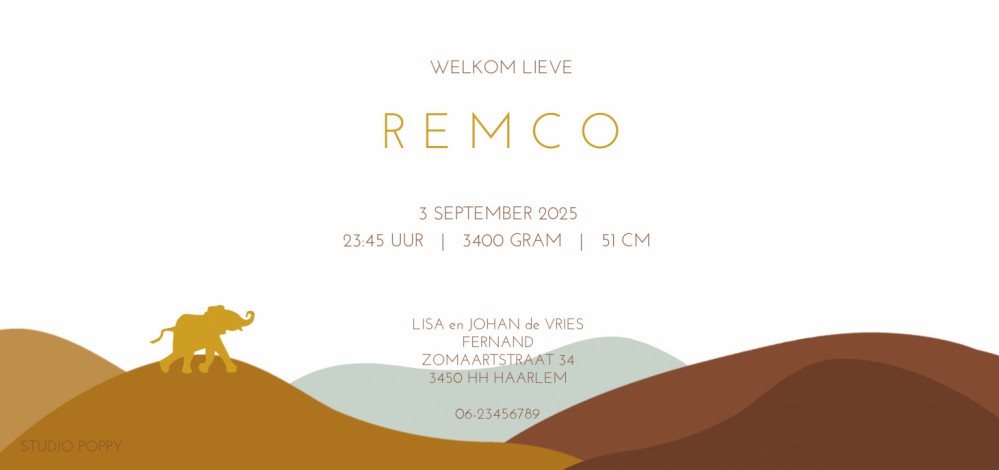 Geboortekaartje afrika olifantjes in goudfolie of in onze andere varianten foliedruk. Langwerpig staand model dat in elke gewenste kleur gedrukt kan worden. Een bijzonder geboortekaartje dat in kleur te veranderen is met de handige editor tool.