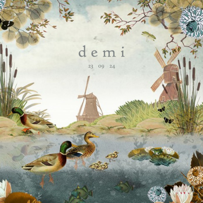 Geboortekaartje water met molens en eenden