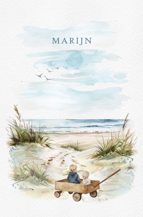 Geboortekaartje met waterverf strand met bolderkar. In de bolderkar zit grote broer met zijn zusje of broertje. Hoe mooi om de broer ook een mooie rol op de kaart te laten spelen. Ze zitten in de trekkar en lopen richting het strand door de duinen.