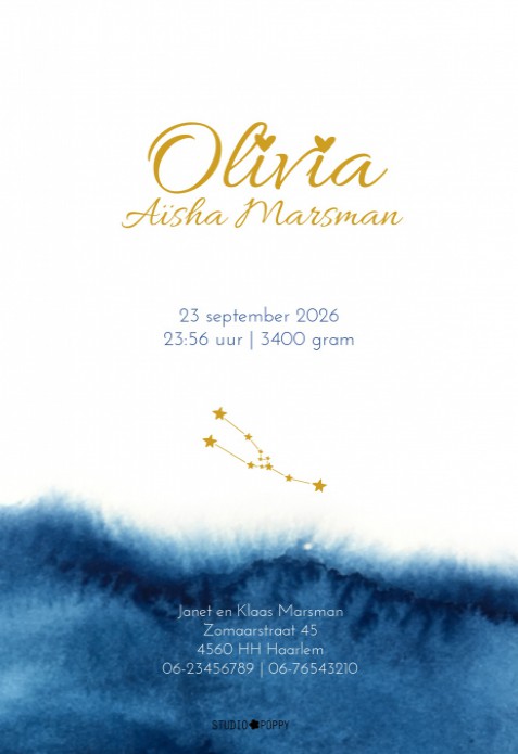 Geboortekaartje watercolour met foliedruk hartjes en verfspatten. Heel smaakvol, stijlvol en hip geboortekaartje voor jullie baby. Unisex voor jongens en meisjes, te verkrijgen in meerdere kleuren. Personaliseer hem zelf in de handige editor tool en vraag