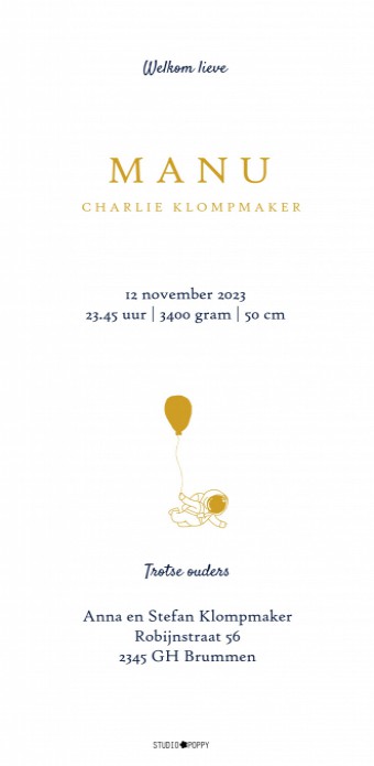 Geboortekaartje met planeten en astronauten. Met de hand geschilderde planeten met als resultaat een mooi geboortekaartje in hippe kleuren. Met de ontwerptool kun je jouw hippe geboortekaartje ontwerpen zoals jij dat wil. Met de gratis proefdruk kun je oo