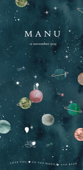 Geboortekaartje watercolour met planeten en astronauten