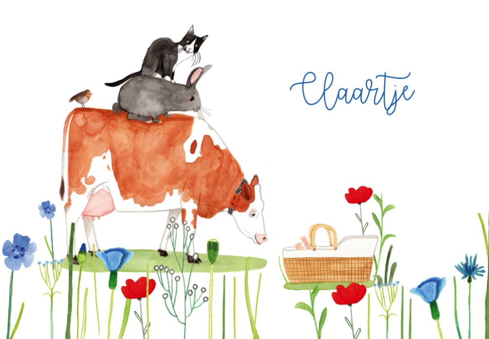 Geboortekaartje weiland met wiegje Annebrechtje