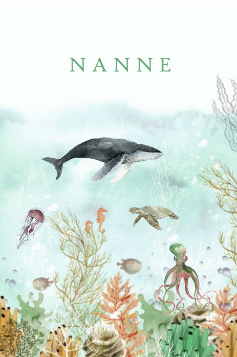 Geboortekaartje onderwater wereld met walvissen en octopus.