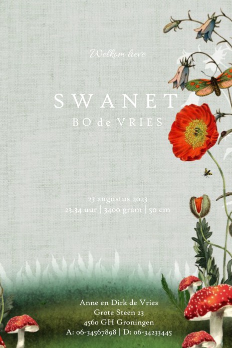 Geboortekaartje konijntjes met poppies en paddenstoelen. Romantisch met een retro vintage gevoel. Zeer illustratief geboortekaartje dat iedereen zal aanspreken. . Maak gebruik van de handige designtool om jouw eigen teksten te plaatsen. Ben je tevreden? B