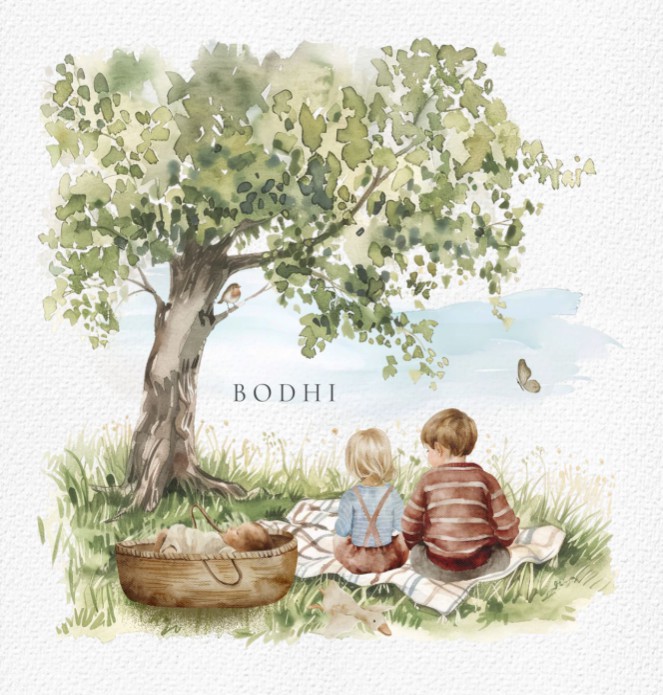 Geboortekaartje weiland met boom en kleedje