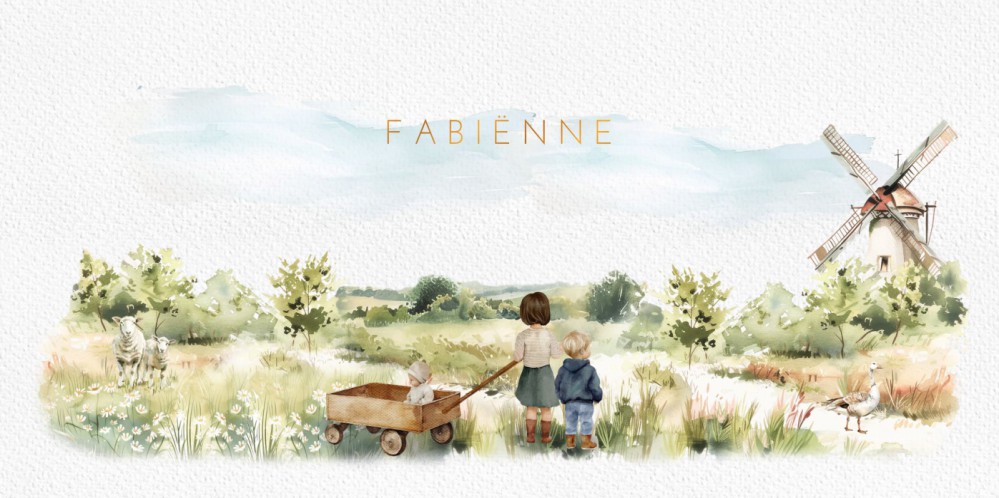 Geboortekaartje met molen en gras. In het weiland staan schapen en er loopt een gans rond. Broer en zus krijgen een belangrijke rol op het geboortekaartje boerderij want zij horen er natuurlijk ook bij.