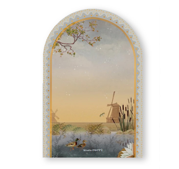 Geboortekaartje met weiland en molen in boogvorm. Een prachtige decoratieve rand maakt het een bijzonder geboortekaartje. Wil je het kaartje eens in het echt zien? Waarschijnlijk kan dat gratis!