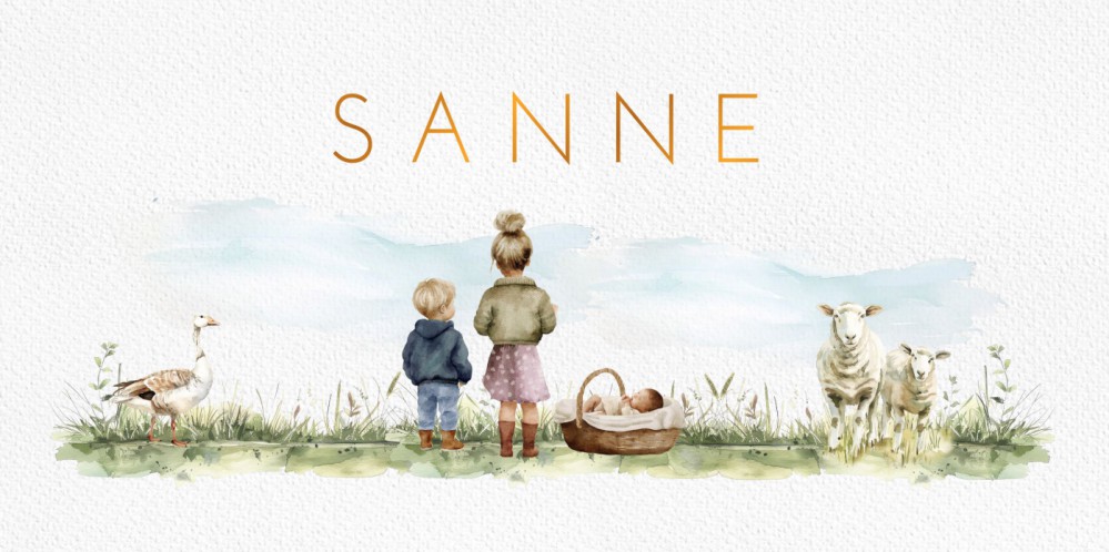 Geboortekaartje weiland met schapen en een gans. Broer en zus staan ook op het geboortekaartje evenals de baby in het mozeswiegje. Mix and match jouw eigen gezin bij elkaar! De boerderij in watercolor techniek voor jullie geboortekaartje.