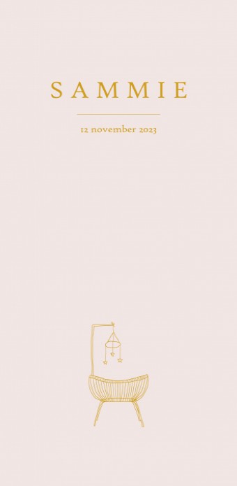 Geboortekaartje staand model met een foliedruk wiegje. De lijntekening van het wiegje is lief en sereen. De foliedruk kan ook vervangen worden voor kleur. Geboortekaartje wiegje voor jullie pasgeboren baby.