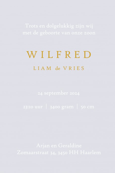 Een heel stijlvol geboortekaartje met Winnie the Pooh in goudfolie.  Er zijn 4 soorten foliedruk te selecteren: goudfolie, zilverfolie, koperfolie en rosegoudfolie.  - Alle elementen dienen wel in dezelfde folie gekozen te worden, het is niet mogelijk om 