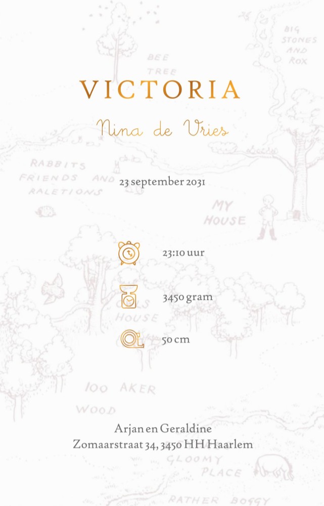 Winnie the Pooh geboortekaartje met originele potloodtekeneing van Winnie, Teigetje en Knorretje bij de boom. In het bos spelen de verhalen van Winnie the Pooh zich af en aan de binnenkant van de kaart is de Acre Wood Map te zien. Prachtig in mono tint ui