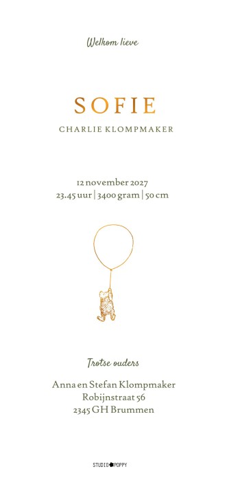 Een heel stijlvol geboortekaartje met originele Winnie the Pooh illustratie waar hij in grote boom klimt en accent in folie. We hebben treffende quotes die je kunt gebruiken. Ook zijn goudfolie of koperfolie een optie om te gebruiken. Laat eens een proefk