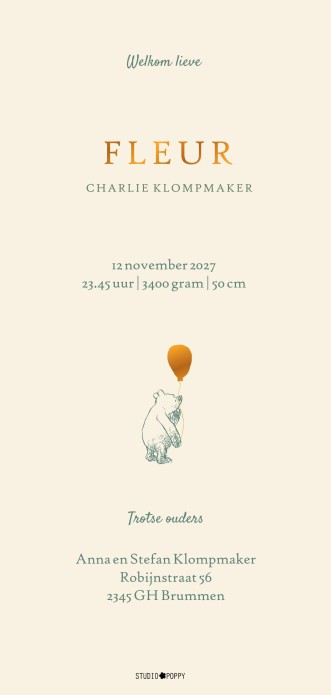 Een heel stijlvol geboortekaartje met originele Winnie the Pooh illustratie met ballonnen en accent in folie. De ballonnen zijn handgeschilderd en een bijzondere aanvulling op het geboortekaartje. We hebben treffende quotes die je kunt gebruiken. Laats ee