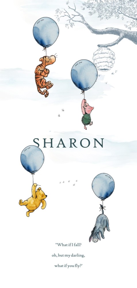 Klassiek geboortekaartje met Winnie the Pooh, Teigetje, Iejoor en Piglit met een ballon door de lucht. Waterverf accenten, bijzonder mooi afgewerkt. Vleugje vintage Winnie met de afwerking van nu. 
