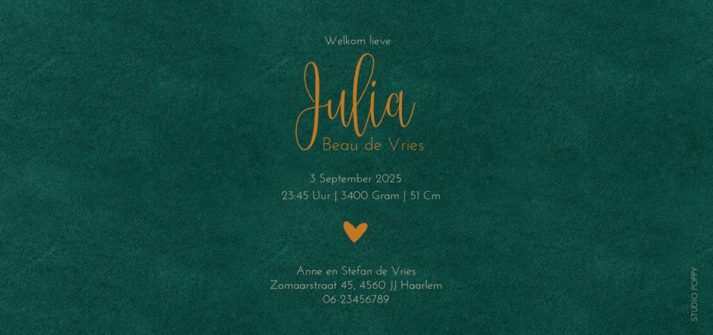Geboortekaartje velvet look met folie geeft een heel veel warmte aan jullie geboortekaartje. Velours is in verschillende tinten te selecteren voor jouw favoriete look. Klassieke en strakke look met de luxe van folie. Maak eens een proefkaartje en haal jou