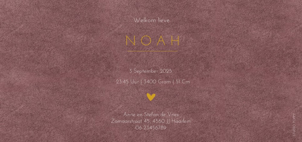 Geboortekaartje velvet look met folie geeft een heel veel warmte aan jullie geboortekaartje. Velours is in verschillende tinten te selecteren voor jouw favoriete look. Klassieke en strakke look met de luxe van folie. Maak eens een proefkaartje en haal jou