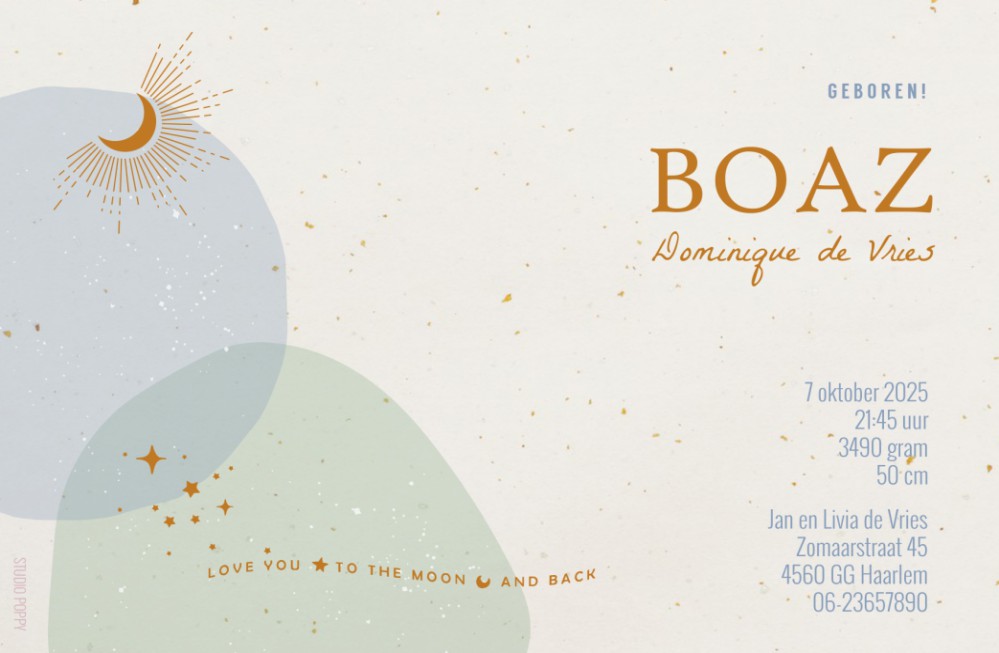 Geboortekaartje met gekleurde cirkels met maan en sterren. De bollen zijn van kleur te veranderen zodat deze grafische vormen precies de combinaties zijn waar jij van houdt. Modern geboortekaartje met bohemian details.