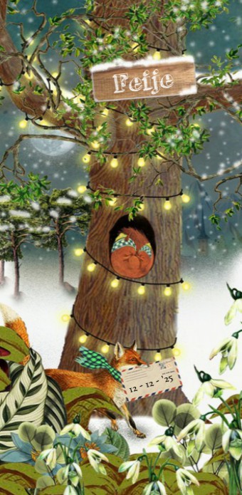 Geboortekaartje retro vintage winter bos eekhoorn. Aandoenlijke en nostalgische verhaaltjes om jullie kindje aan te kondigen. Lief geboortekaartje met vintage vleugje dat toch ook tijdloos is. Maak eens een proefkaart en gebruik de beeldbank om jouw eigen