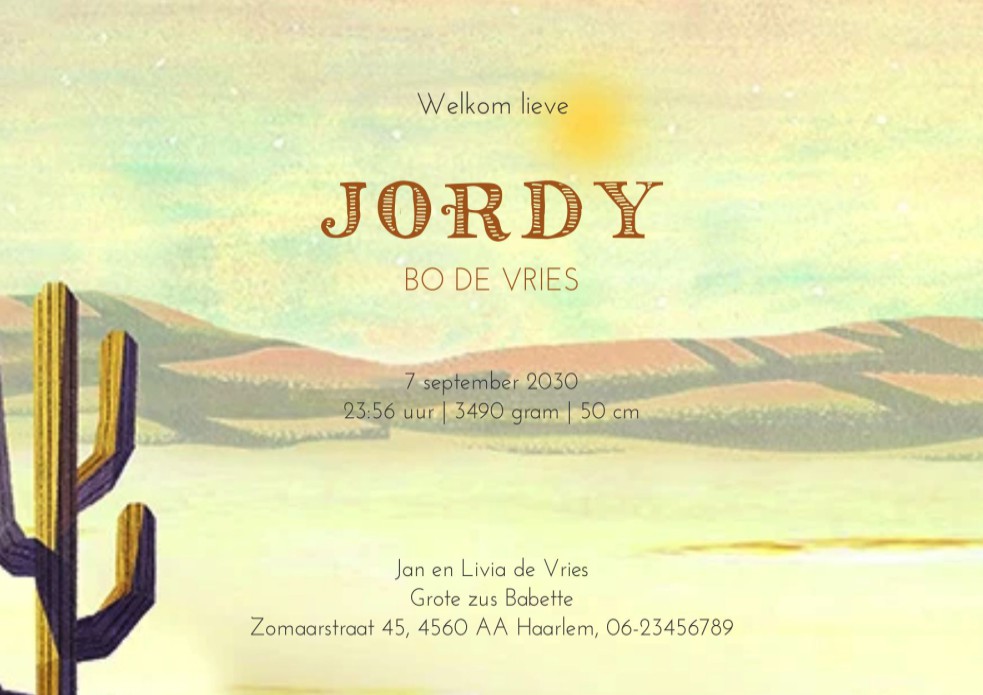 Geboortekaartje met dieren indianen in de woestijn. Een avontuurlijk geboortekaartje  met fantasierijke illustraties die het kaartje vrolijk maakt. Ze zitten rond het kampvuur en de wigwams staan al opgezet. De tijger, koe, ijsbeer en ezel bespreken de da