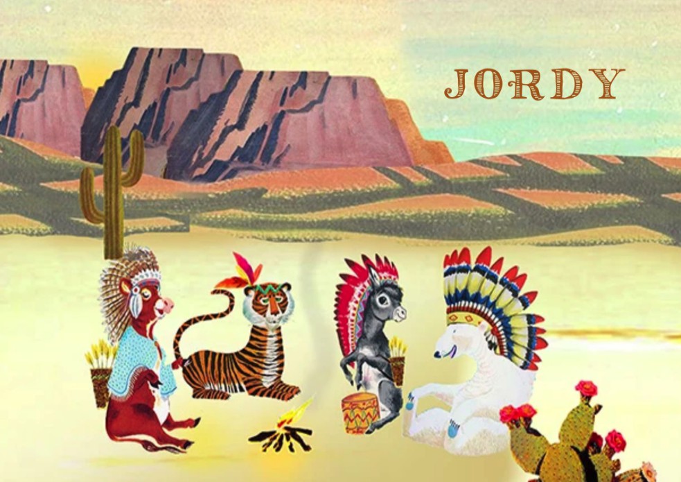 Geboortekaartje woestijn met dieren indianen retro