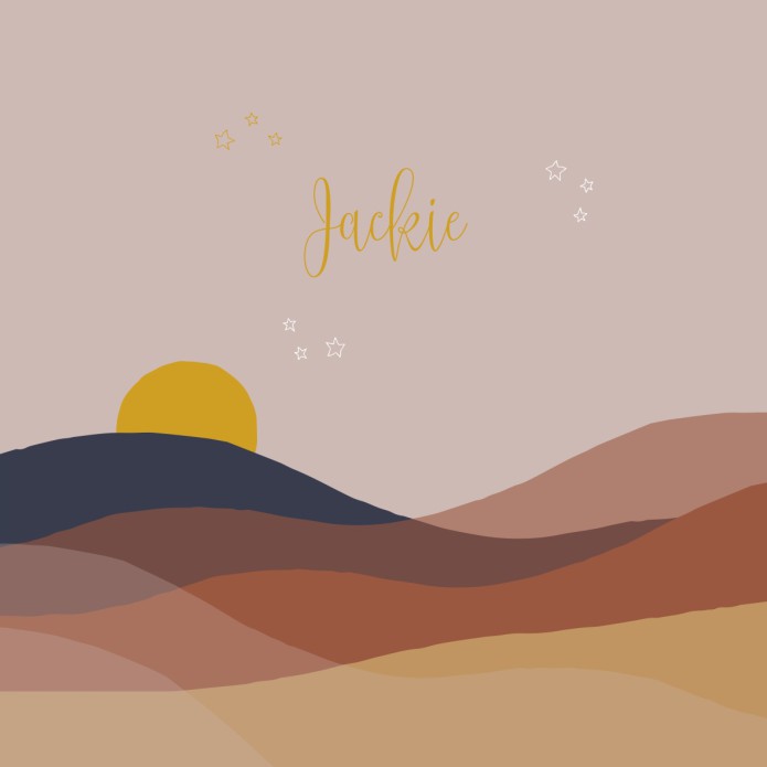 Geboortekaartje woestijn met zon. Prachtige kleuren en je kunt er foliedruk aan toevoegen voor een nog warmer effect. De woestijn kan staan voor verre reizen of misschien Arabische of Marokkaanse roots.