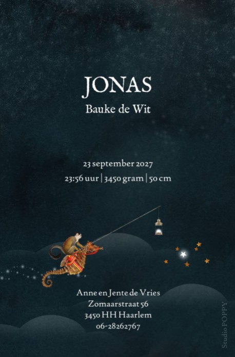 Geboortekaartje met walvis in de wolken. Een soort walvis schip dat door de wolken zweeft. Een fantasievol en dromerig geboortekaartje dat geschikt is voor een jongen en meisje. Het geboortekaartje walvis kun je met en zonder folie bestellen.