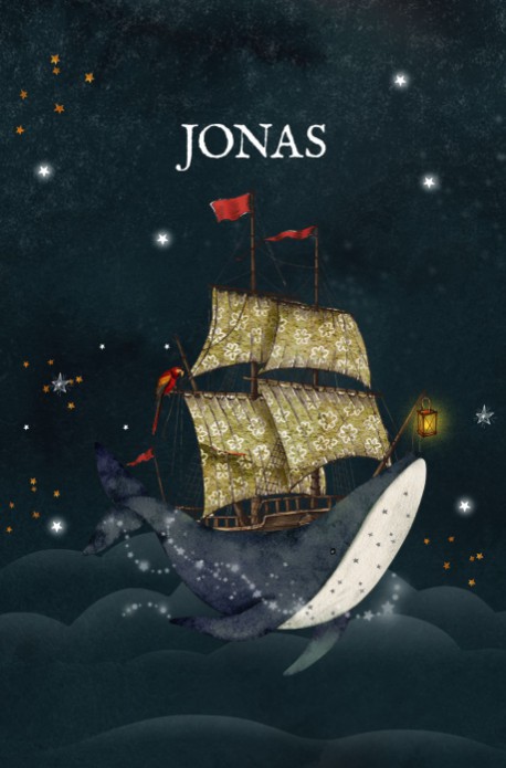 Geboortekaartje met walvis in de wolken. Een soort walvis schip dat door de wolken zweeft. Een fantasievol en dromerig geboortekaartje dat geschikt is voor een jongen en meisje. Het geboortekaartje walvis kun je met en zonder folie bestellen.