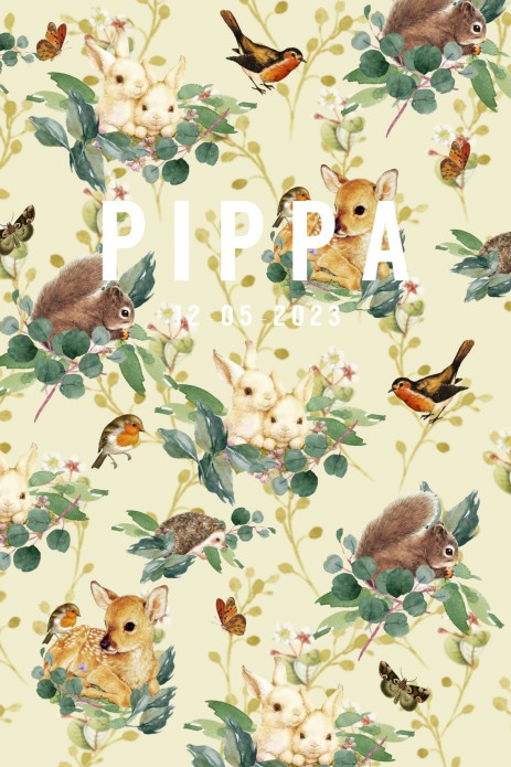 Geboortekaartje woodland hert, egel, konijntjes