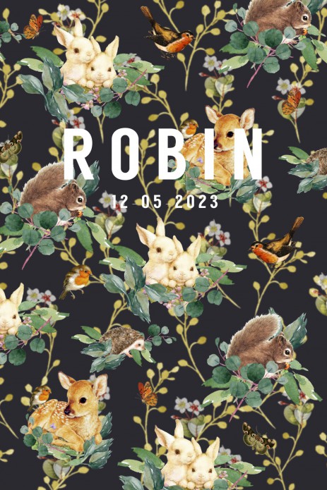 Geboortekaartje woodland hert, egel, konijntjes