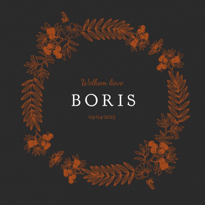 Geboortekaartje zwart met diepbruin botanisch kader