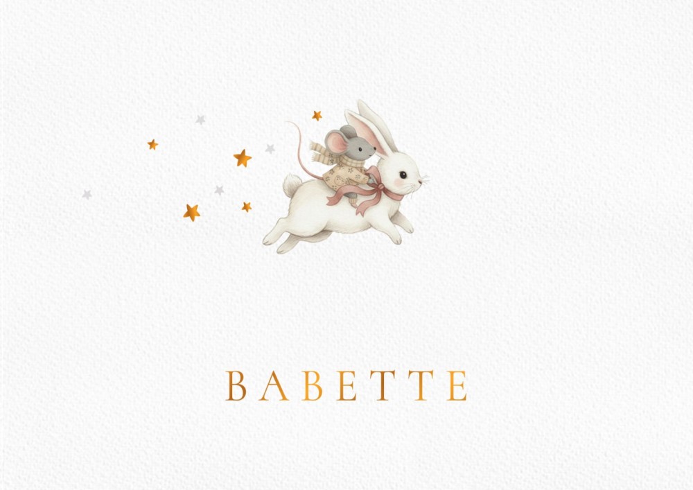 Geboortekaartje zwevend konijntje met een muisje op zijn rug. Een lief dromerig en fantasievol geboortekaartje dat perfect past in de trend van dit jaar. Ingetogen en illustratief geboortekaartje met konijn en muisje.