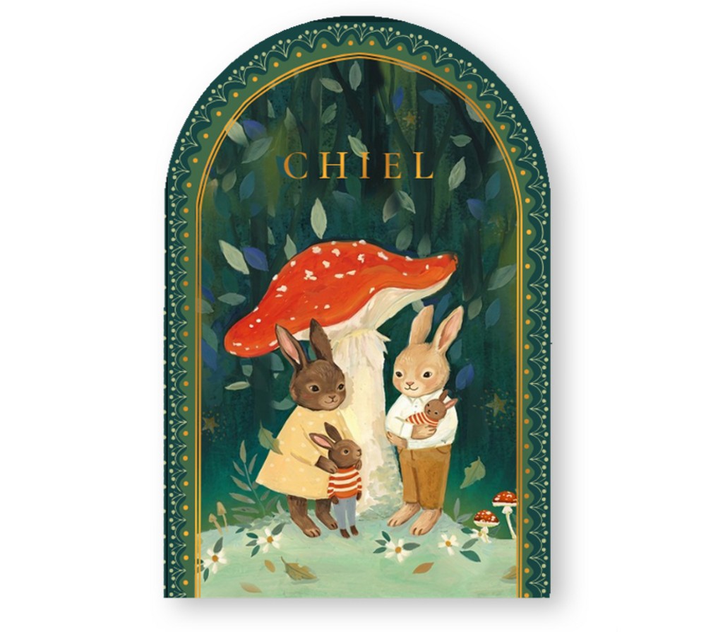 Een heel origineel geboortekaartje in bijzondere vorm en handgeschilderde illustratie van konijnen familie onder de paddenstoel. Er zijn meerdere familie samenstellingen mogelijk.