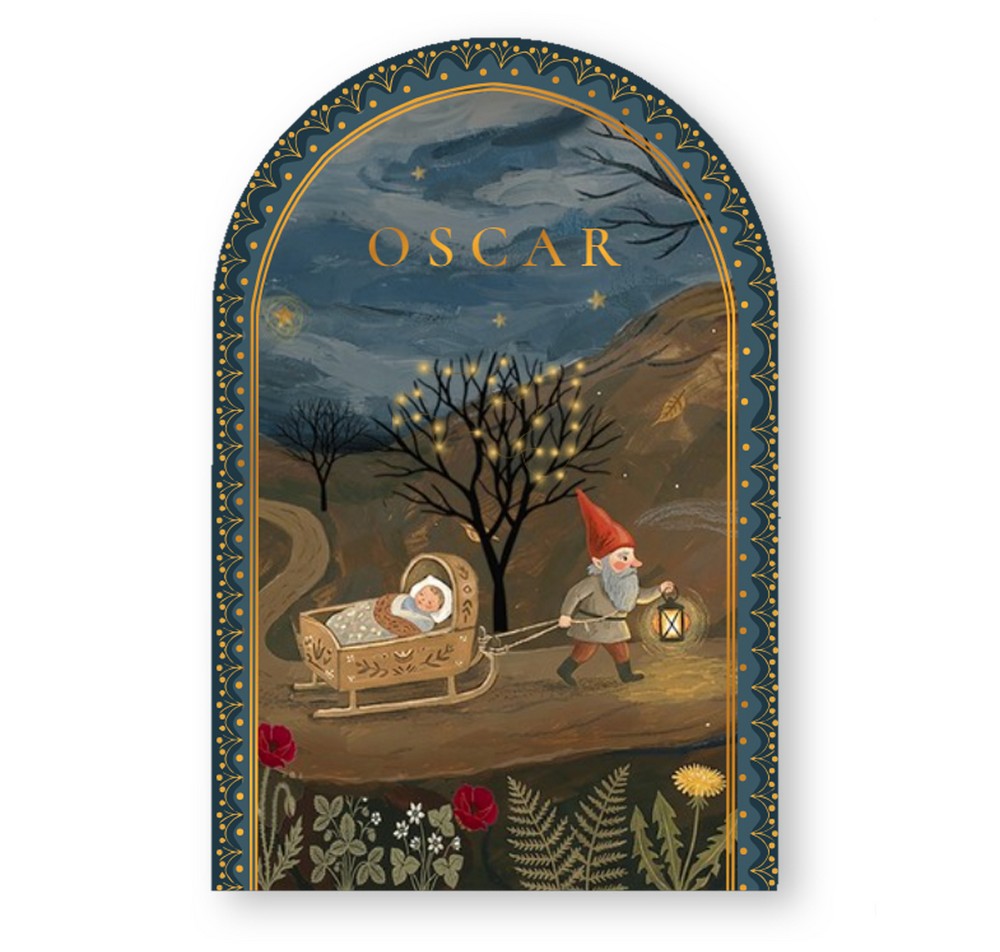Een sprookjesachtig geboortekaartje! Een bijzondere vorm met een sprookje illustratie met de hand geschilderd. De kabouter met lantaarn trekt de slee voort bij de heldere maan.
