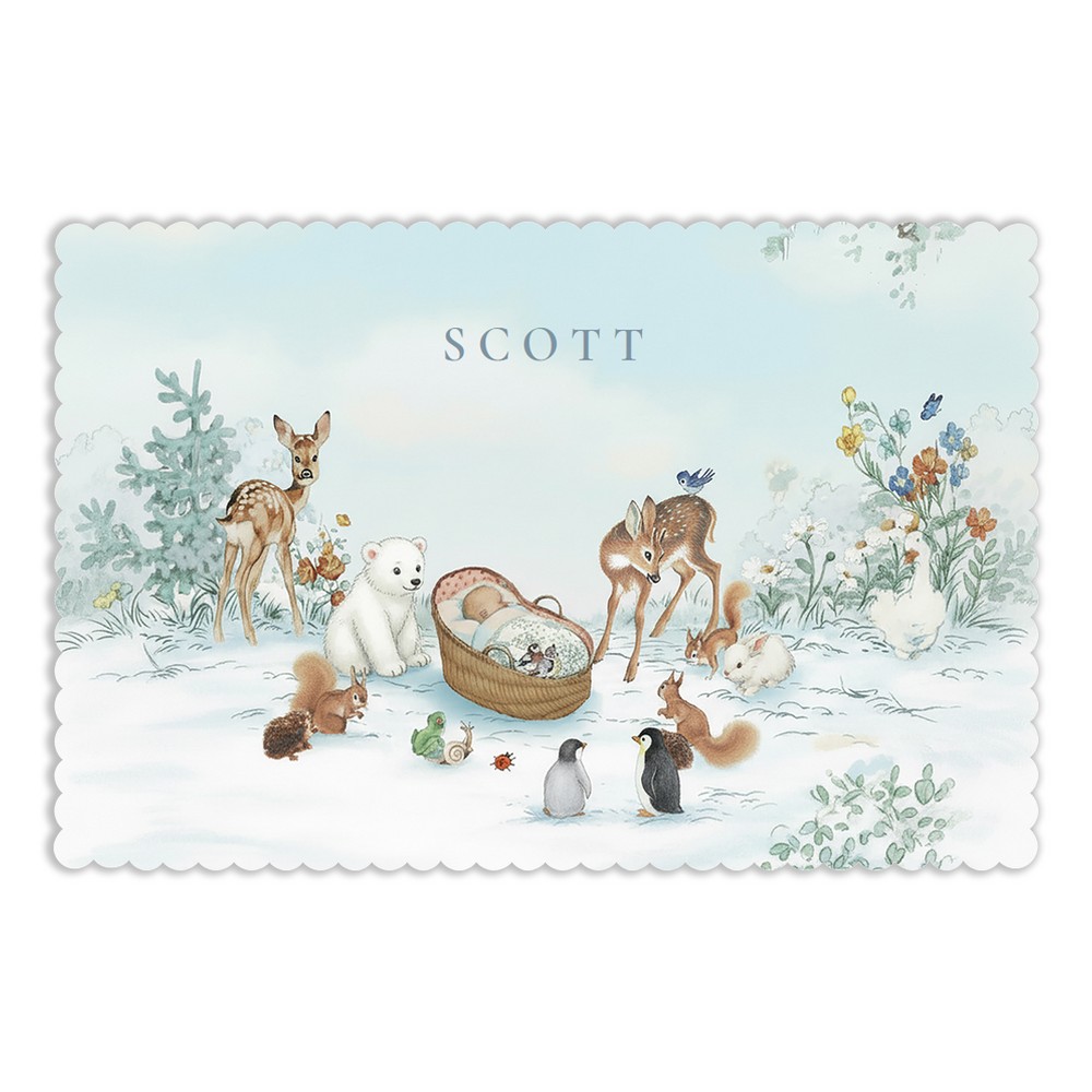 Een uniek geboortekaartje met schulprandje! Een winter geboortekaartje met sneeuw en dieren rondom het wiegje. De ijsbeer, pinguïn en hert mogen niet ontbreken. Het bijzondere randje maakt het een lief winters geboortekaartje.