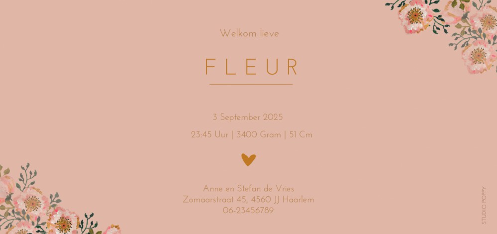 Romantisch geboortekaartje met lief bloemen patroon. In combinatie met folie een heel lux geboortekaartje waar aandacht aan besteed is. Prachtige papiersoorten en enveloppen beschikbaar. Vraag eens een proefkaart aan om de kwaliteit zelf te ervaren.