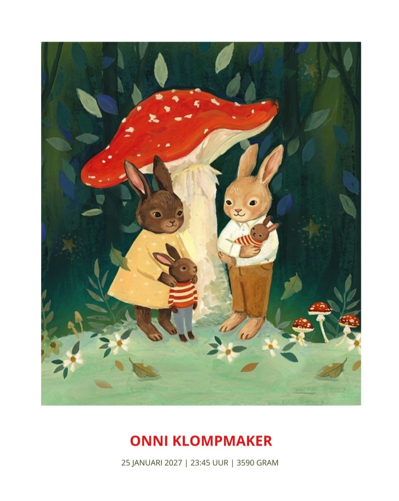 Geboorteposter bos met paddenstoel en konijnen familie