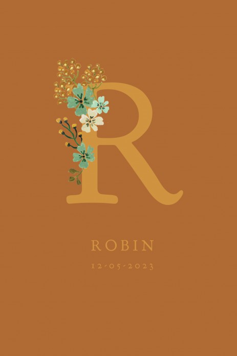 Geboortekaartje met initialen en hand geschilderde bloemen