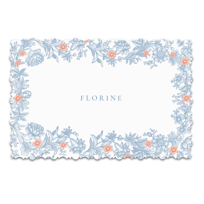 Klassiek geboortekaartje met schulp randje zoals vroeger. Een prachtig bijzonder geboortekaartje met dusty blue bloemenkader van het Rijksmuseum.