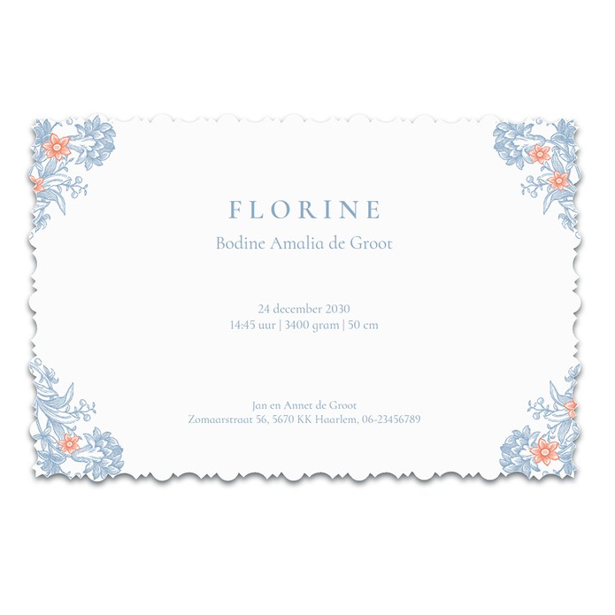 Klassiek geboortekaartje met schulp randje zoals vroeger. Een prachtig bijzonder geboortekaartje met dusty blue bloemenkader van het Rijksmuseum.