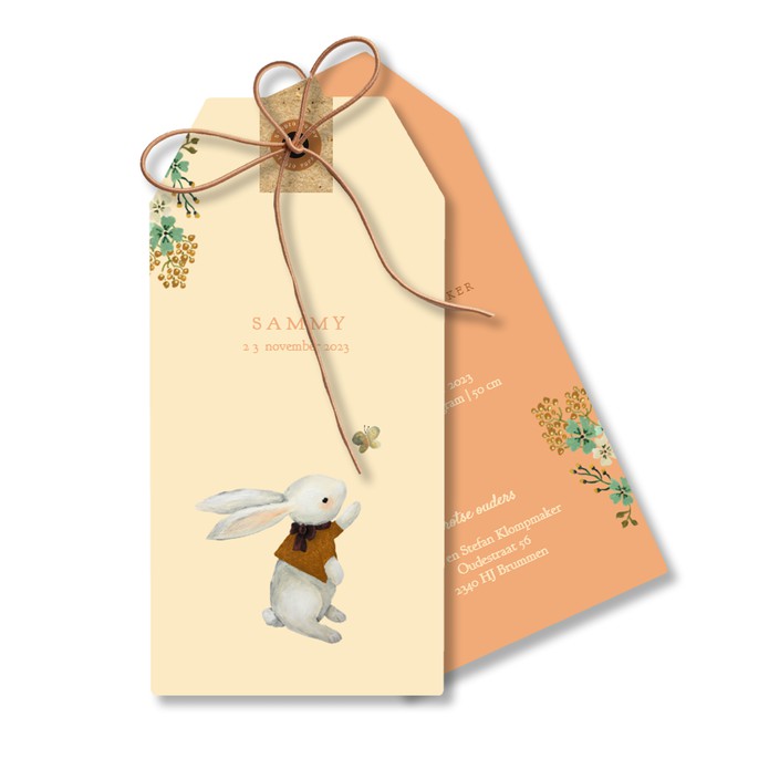 Labelkaartje zalm roze met handgeschilderd konijntje