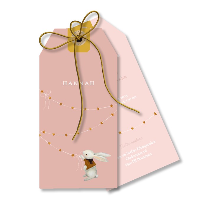 Labelkaartje roze met lief konijntje en slingers