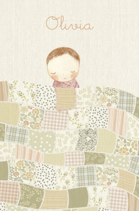 Lief geboortekaartje met baby onder quilt dekentje. De verschillende lapjes stof met patroontjes en ruitjes maken het een illustratief geboortekaartje. Vraag eens de gratis proefdruk aan.