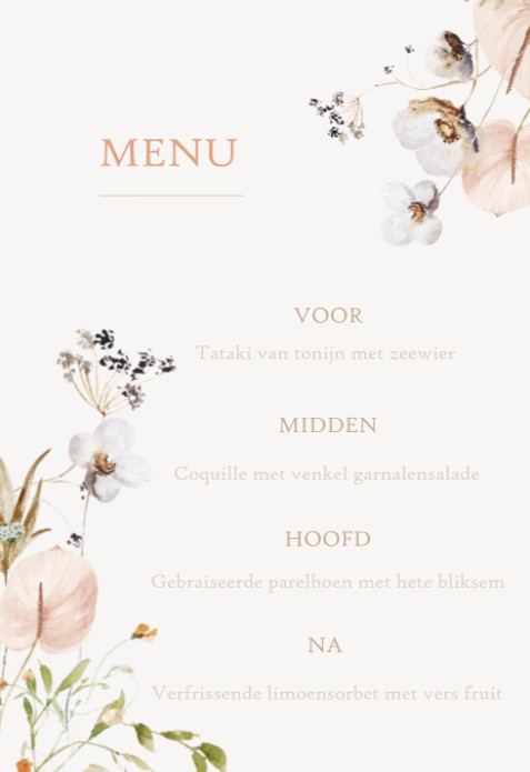 Menu kaart bruiloft veldboeket