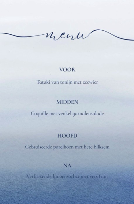 Menu kaart bruiloft blauwe water color ombre