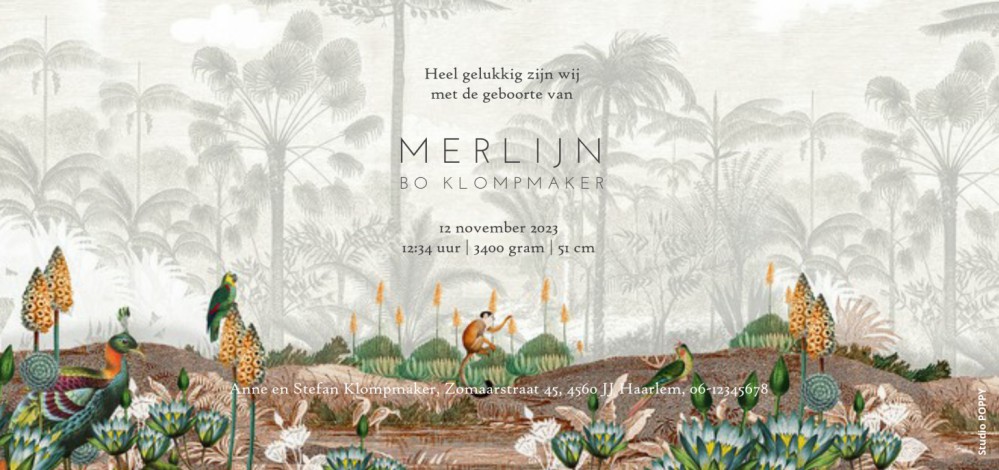 Een hip en trendy geboortekaartje in de jungle. Panter en panter jong te zien in deze romantische jungle. De leukste geboortekaartjes van Studio POPPY vind je hier. Met de ontwerptool kun je jouw botanische geboortekaartje ontwerpen zoals jij dat wil. Vra